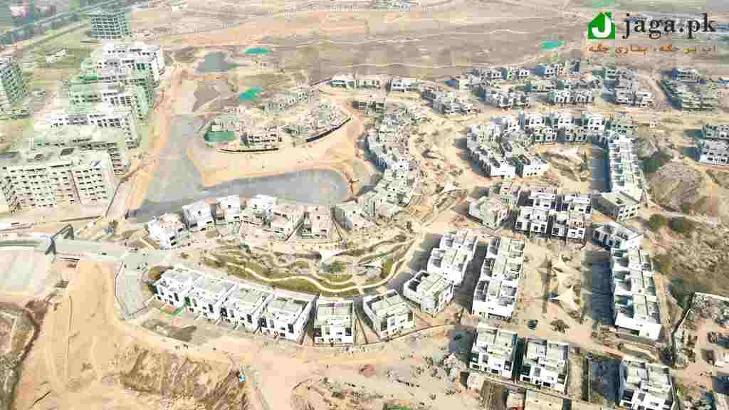 Drone view of apartments and villas development progress
