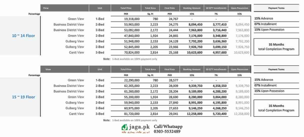 Tower 21 10-19 Floor Installment Schedule and Prices