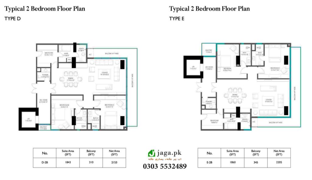 Type D, E Typical 2 Bedroom Floor Plan