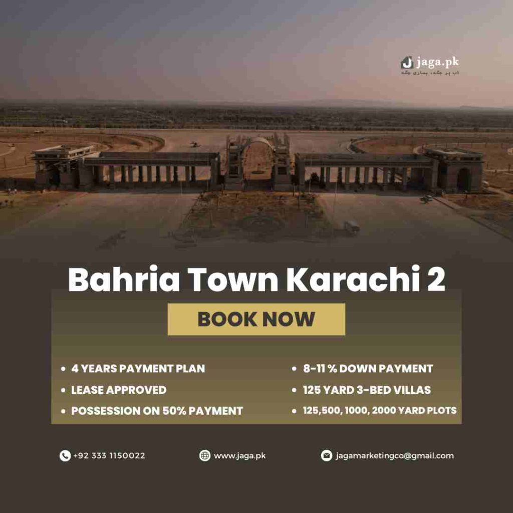 Bahria Town Karachi 2 Promotional Post mentioned plot and villa sizes, down payment, time span of installment plan, and possession along with contact details