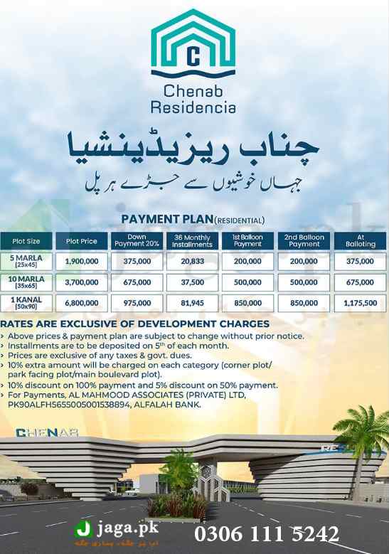 Chenab Residencia Mandi Bahauddin Payment Plan
